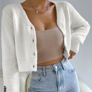 SHEIN EZwear Fluffy White Knit Cardigan